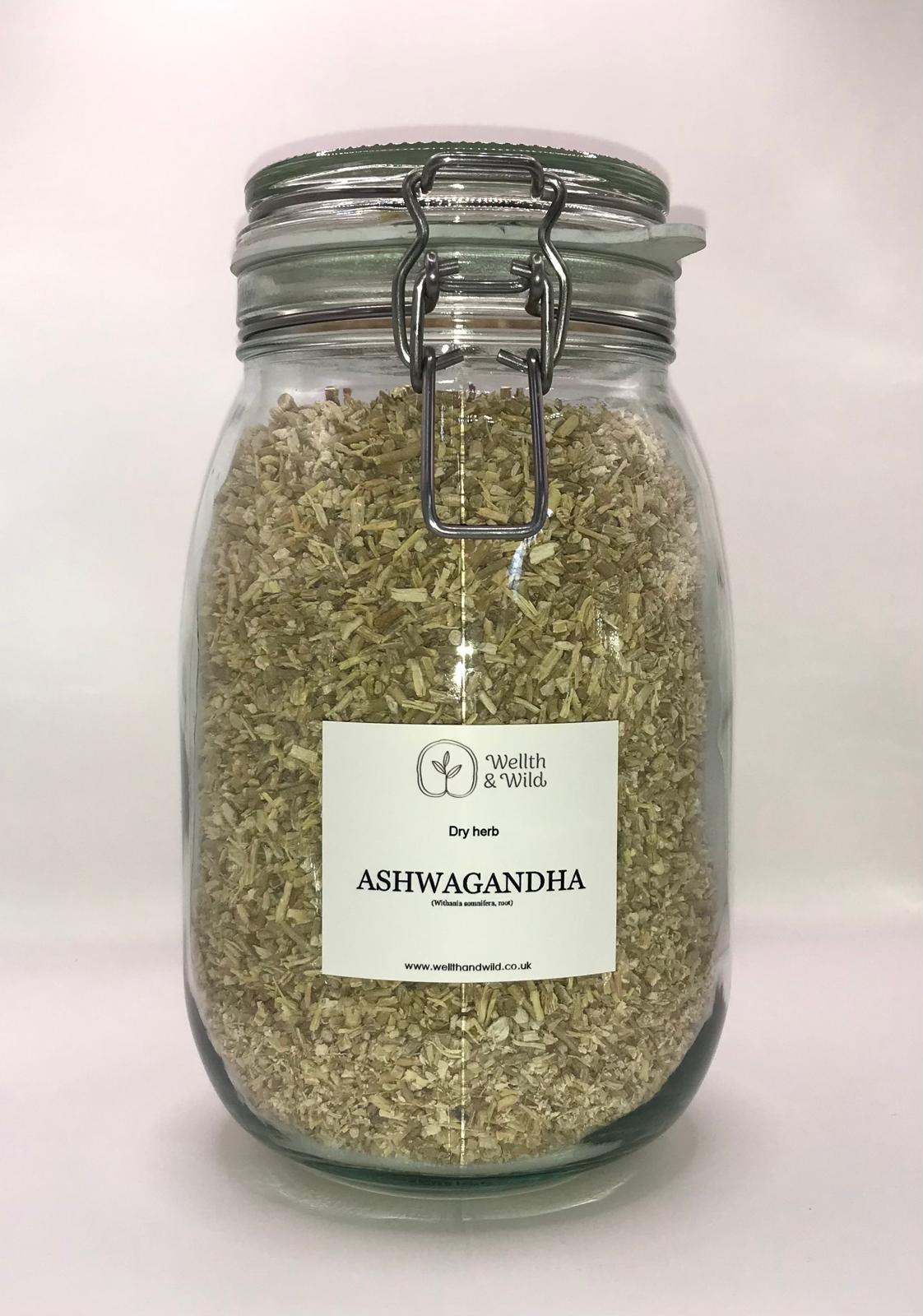 Glass storage jar containing Ashwagandha Root