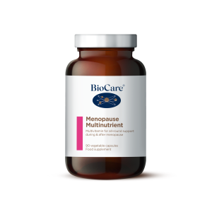 Amber glass bottle containing BioCare Menopause Multinutrient