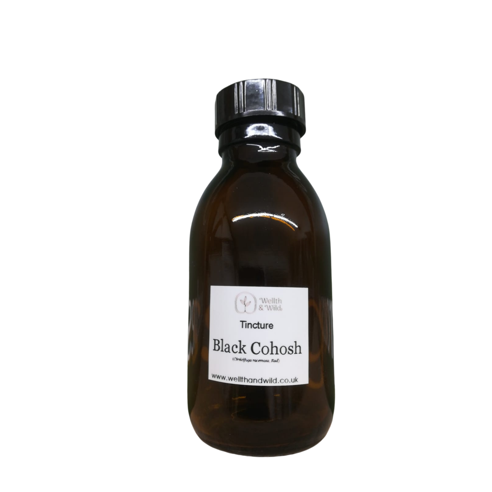 Amber glass bottle of Black Cohosh tincture with black screw cap