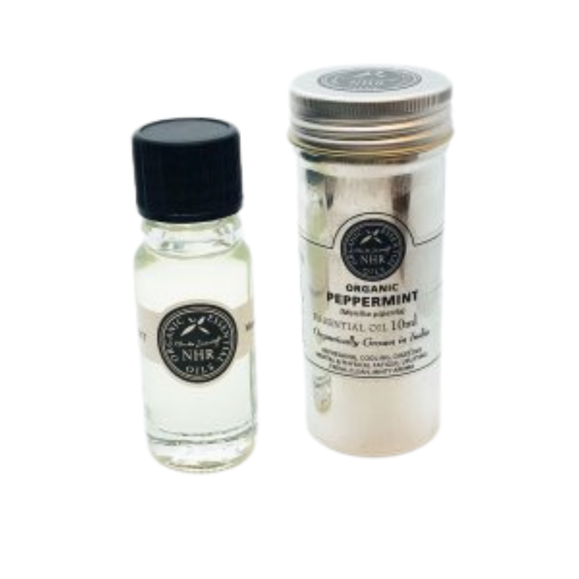Clear glass bottle of Certified Organic Mint Essential Oil
