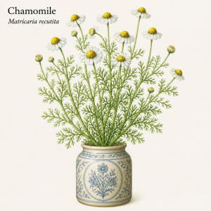 Image showing Chamomile flower (Matricaria recutita ) in a container