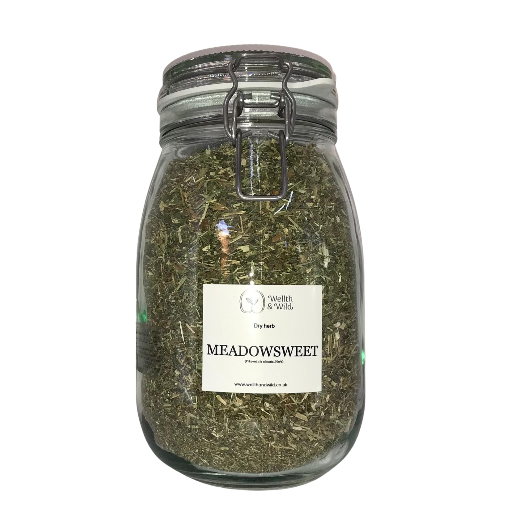 Storage jar containing Meadowsweet herb (Filipendula ulmaria)