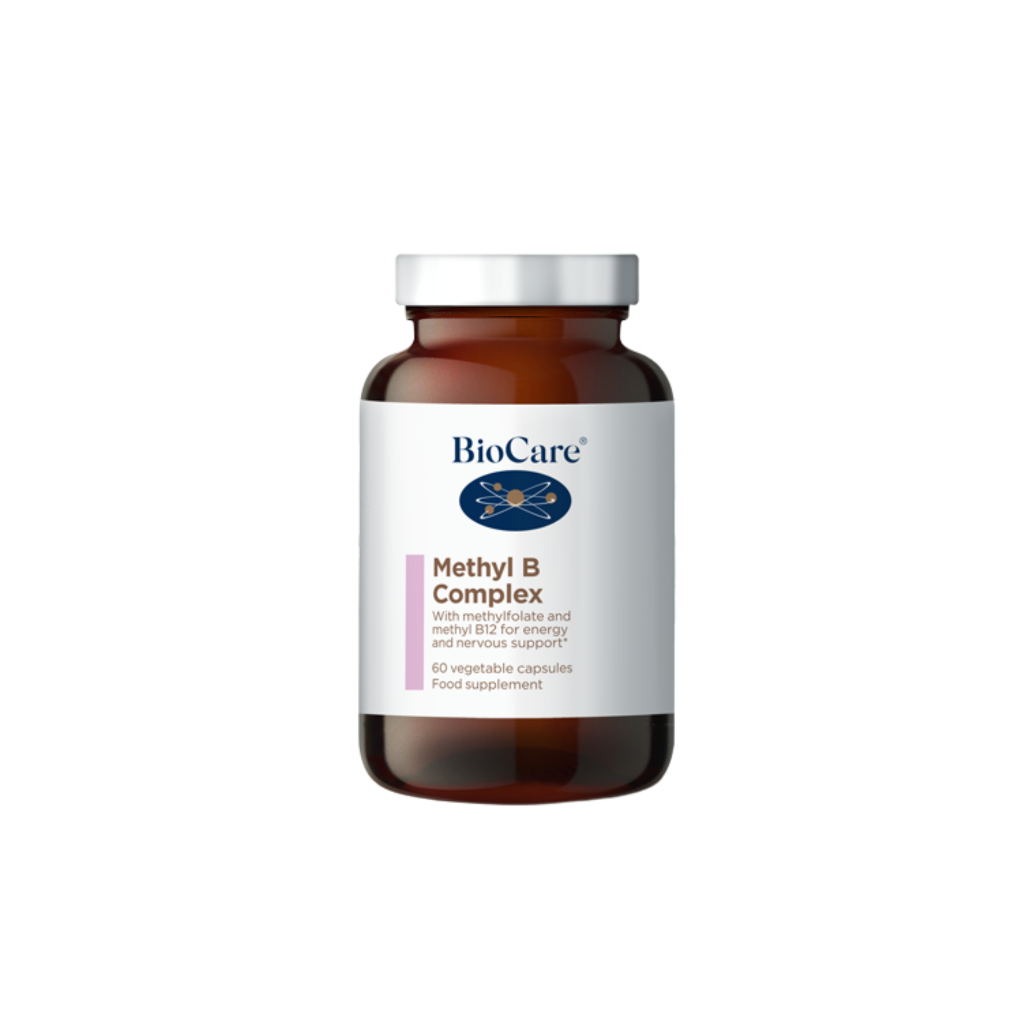 Amber glass jar containing Methylated B-Complex capsules