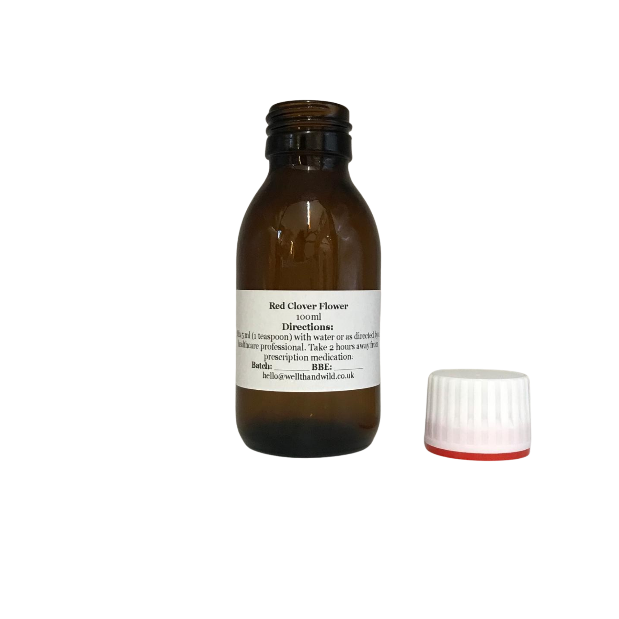 100ml Amber glass bottle containing Red Clover Flower herbal tincture with T/E cap
