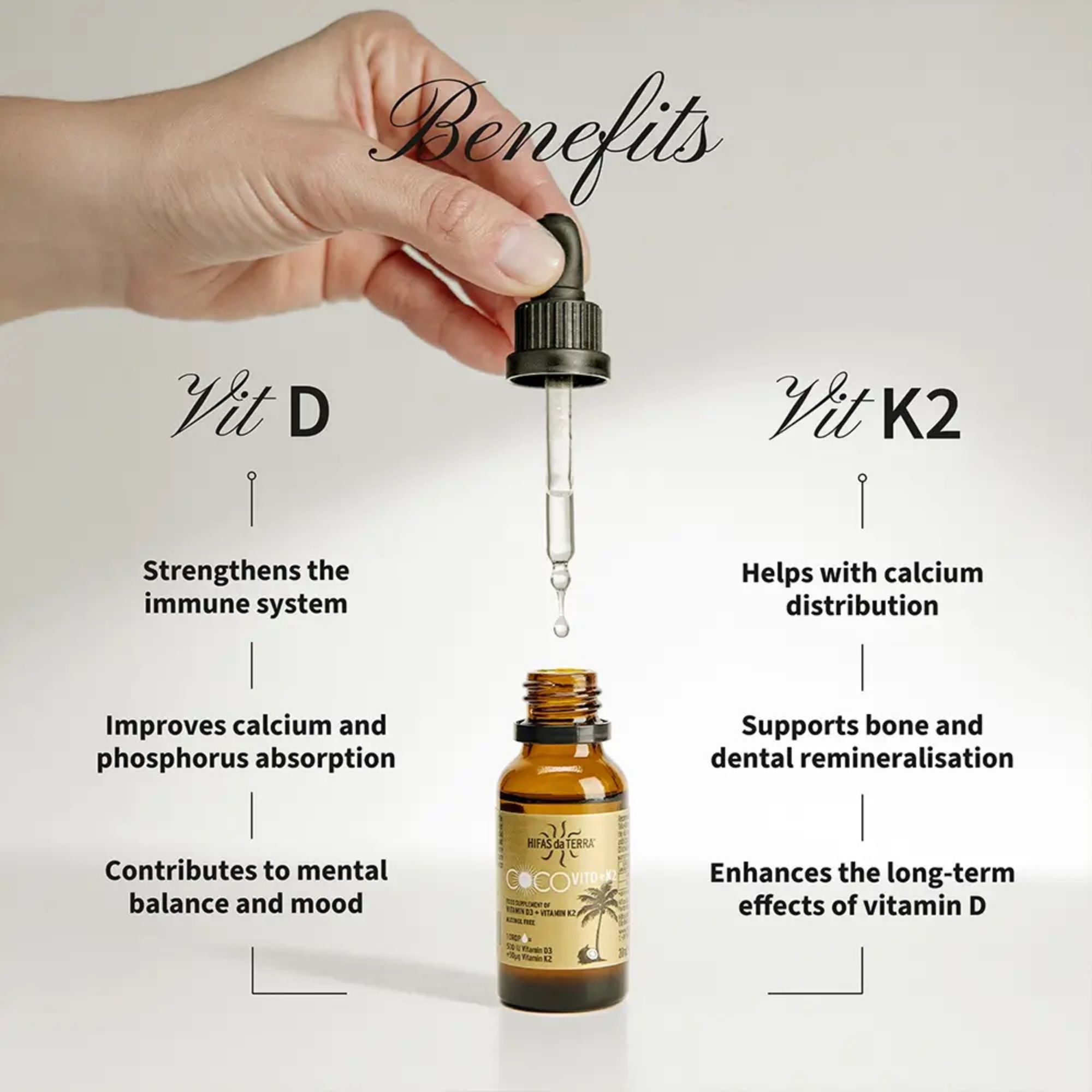 Amber dropper bottle containing Vitamin D3 + K2