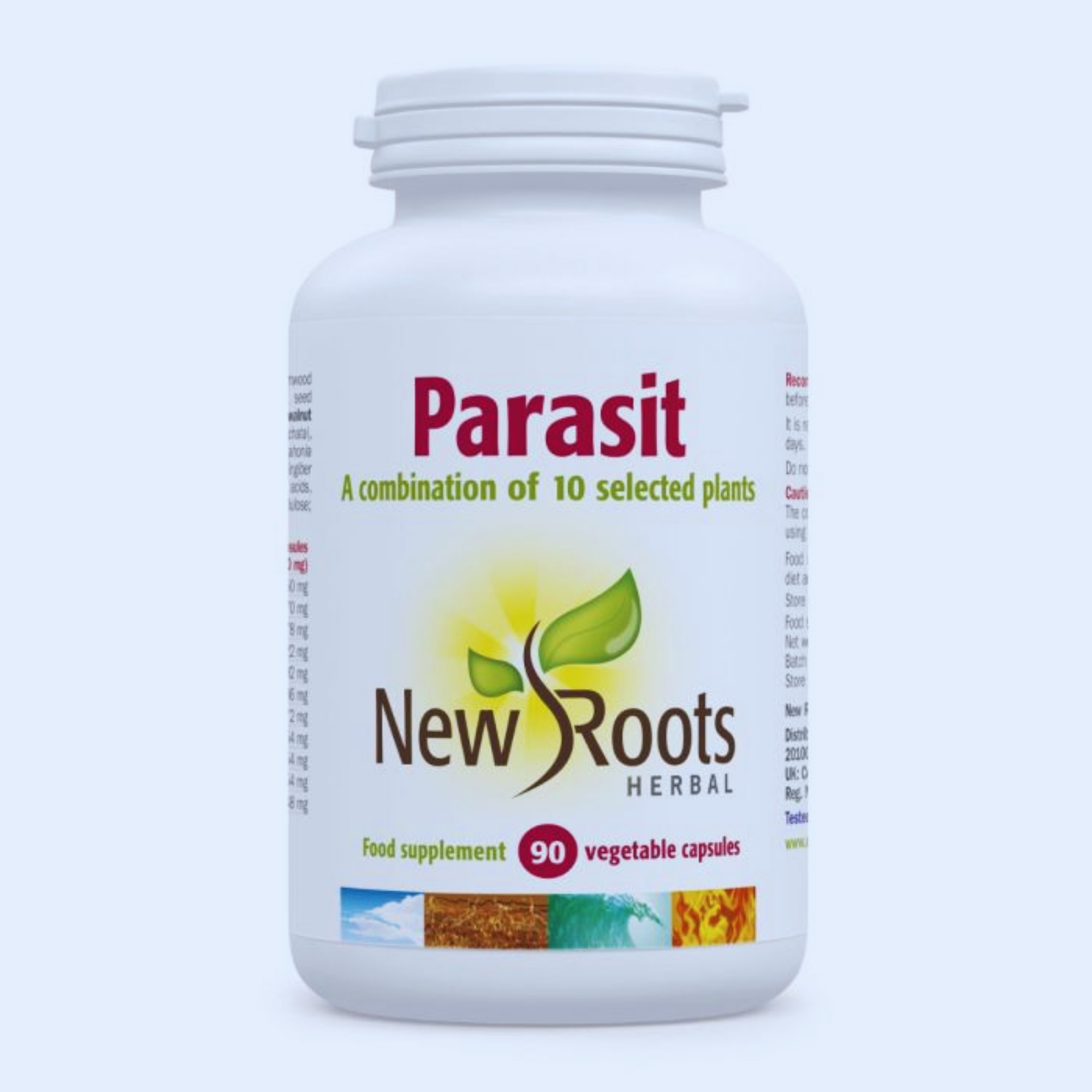 Plastic bottle containing New Roots Herbal Parasit 90s