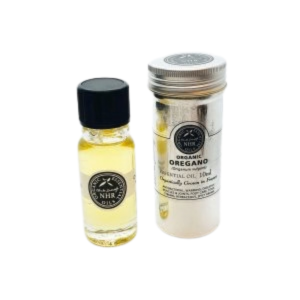 Clear glass bottle of Certified Organic Oregano Essential Oil