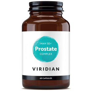 Glass jar containing Man 50+ Prostate complex capsules