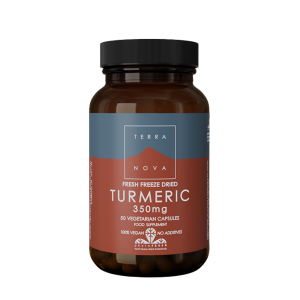Glass bottle of Fresh Freeze Dried Turmeric Root capsules
